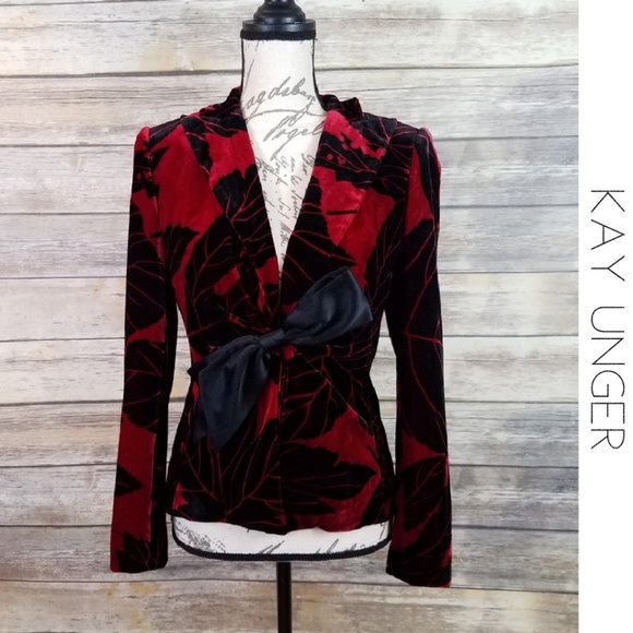 Kay Unger Jackets & Blazers - KAY UNGER Red & Black Leaf Velvet Silk Bow Blazer